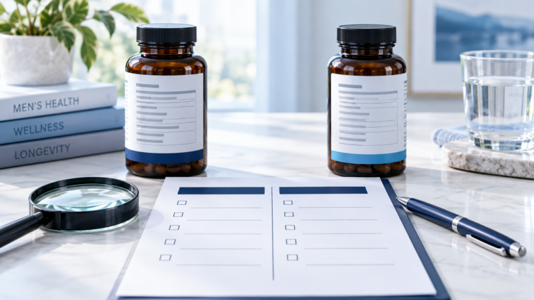 Two unbranded supplement bottles beside a side-by-side comparison checklist and magnifying glass