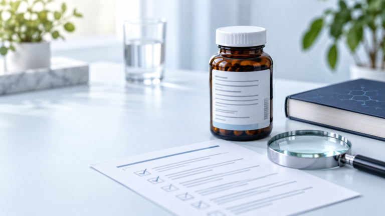 Unbranded supplement bottle beside a checklist, reference book and magnifying glass