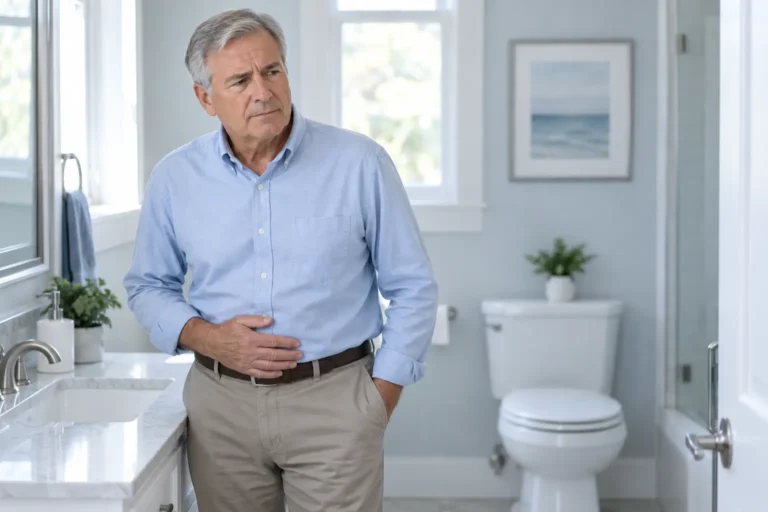 Mature man experiencing discomfort after urinating in a bathroom