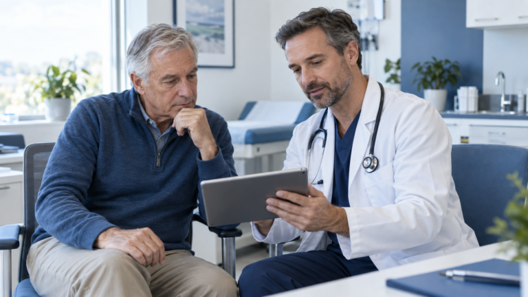 Older man discussing enlarged prostate treatment options with a doctor