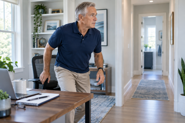 Man over 60 responding to a sudden urge to use the bathroom