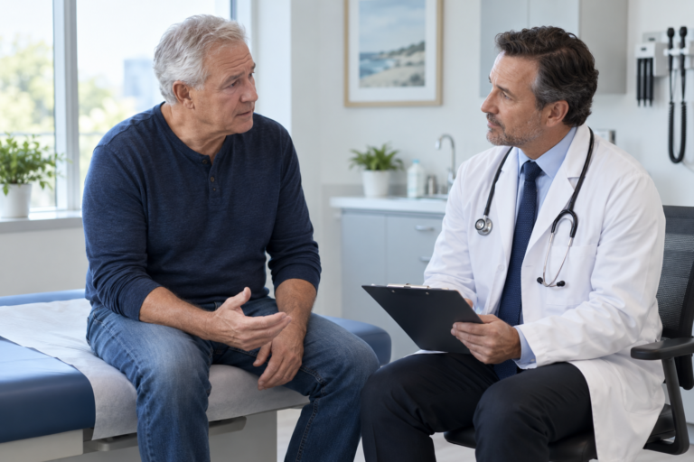 Man over 60 discussing a weak urine stream with a doctor