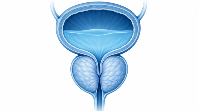 Medical illustration of the bladder and enlarged prostate surrounding the urethra